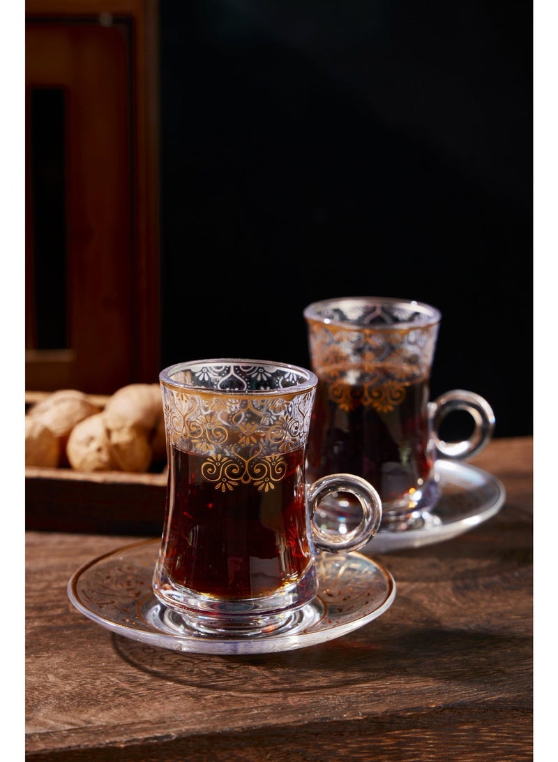 طقم فناجين شاي تركي مكون من 6 قطع مع صحون - أكواب قهوة زجاجية أنيقة بحواف ذهبية - أدوات شاي شرق أوسطية عتيقة للحفلات والمنزل والهدايا - Image 5